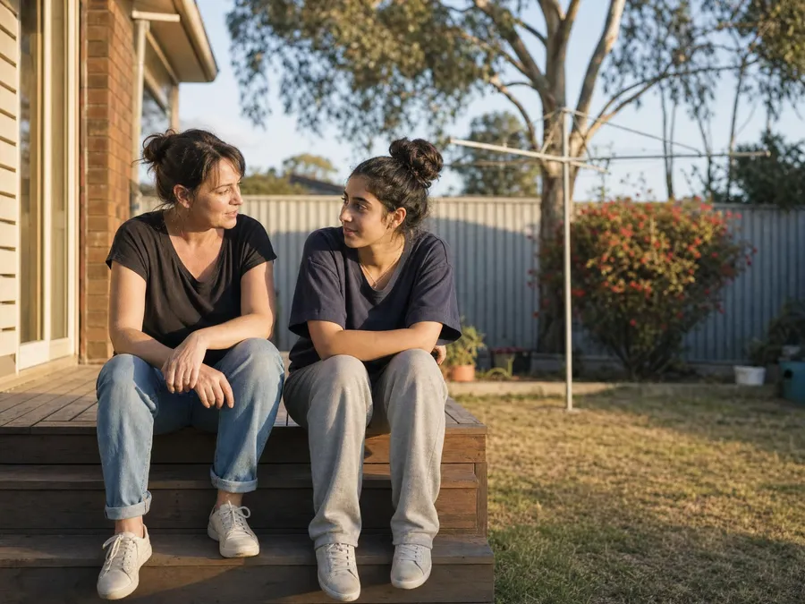 Behaviour support in Bankstown: a support worker and a teenage girl talking on the back steps at home