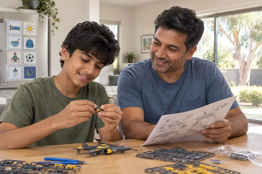 A teenage boy and his dad building a model together at the dining table, supported by behaviour support in Blacktown