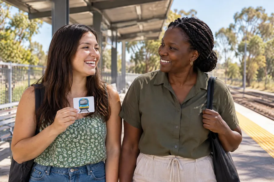 A young woman and her practitioner practising a train trip together, a community skill session in behaviour support in Blacktown