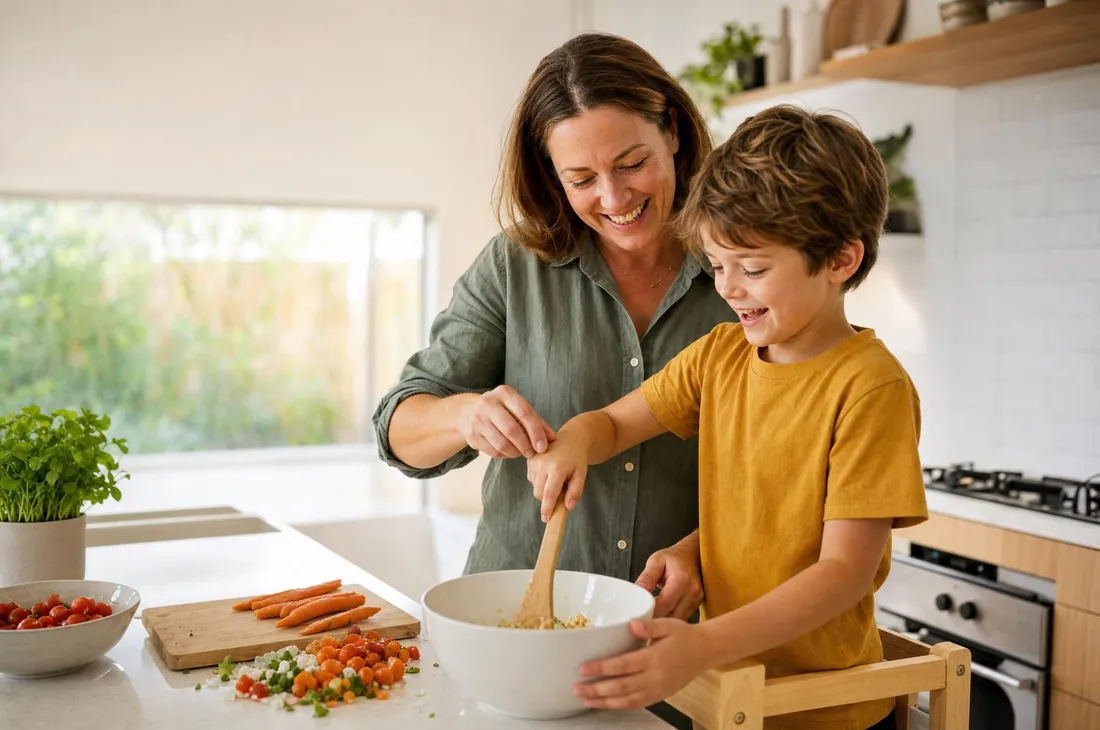 A mother and her young son mixing a bowl of food together at the kitchen bench
