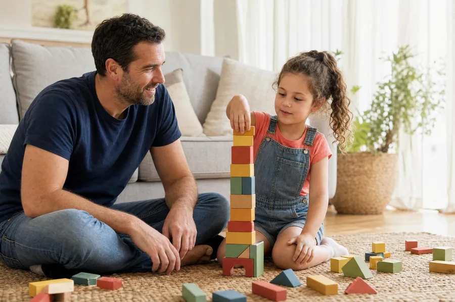Father and daughter building with blocks together at home, developing play skills