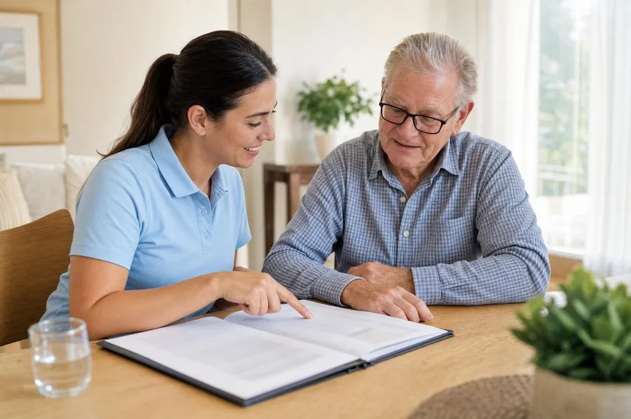 Support worker going through a behaviour support plan with an older man at home