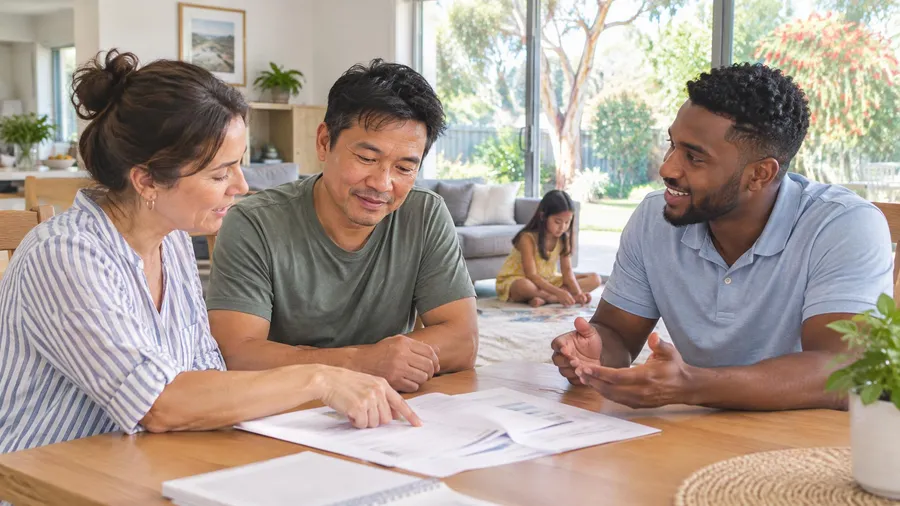 A family and a practitioner sitting at a table, talking through a plan on paper