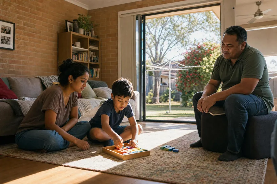 A mother and her young son playing a game on the floor at home while a man sits nearby