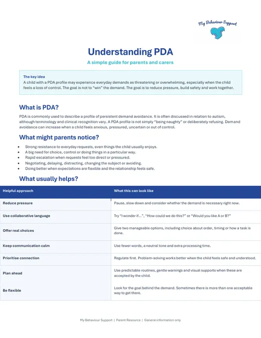 Preview of the Understanding PDA guide for parents and carers