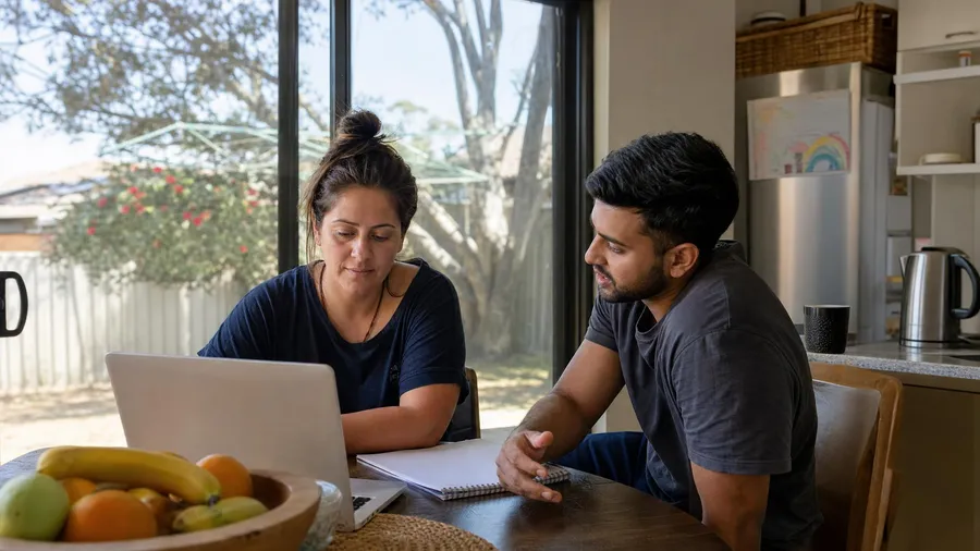 A woman and a man at a kitchen table with a laptop and notebook, reviewing together